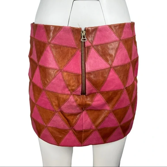 Kelly Wearstler Iraz Leather Mini Skirt- Magenta & Cognac Sz 8 - Picture 5 of 11